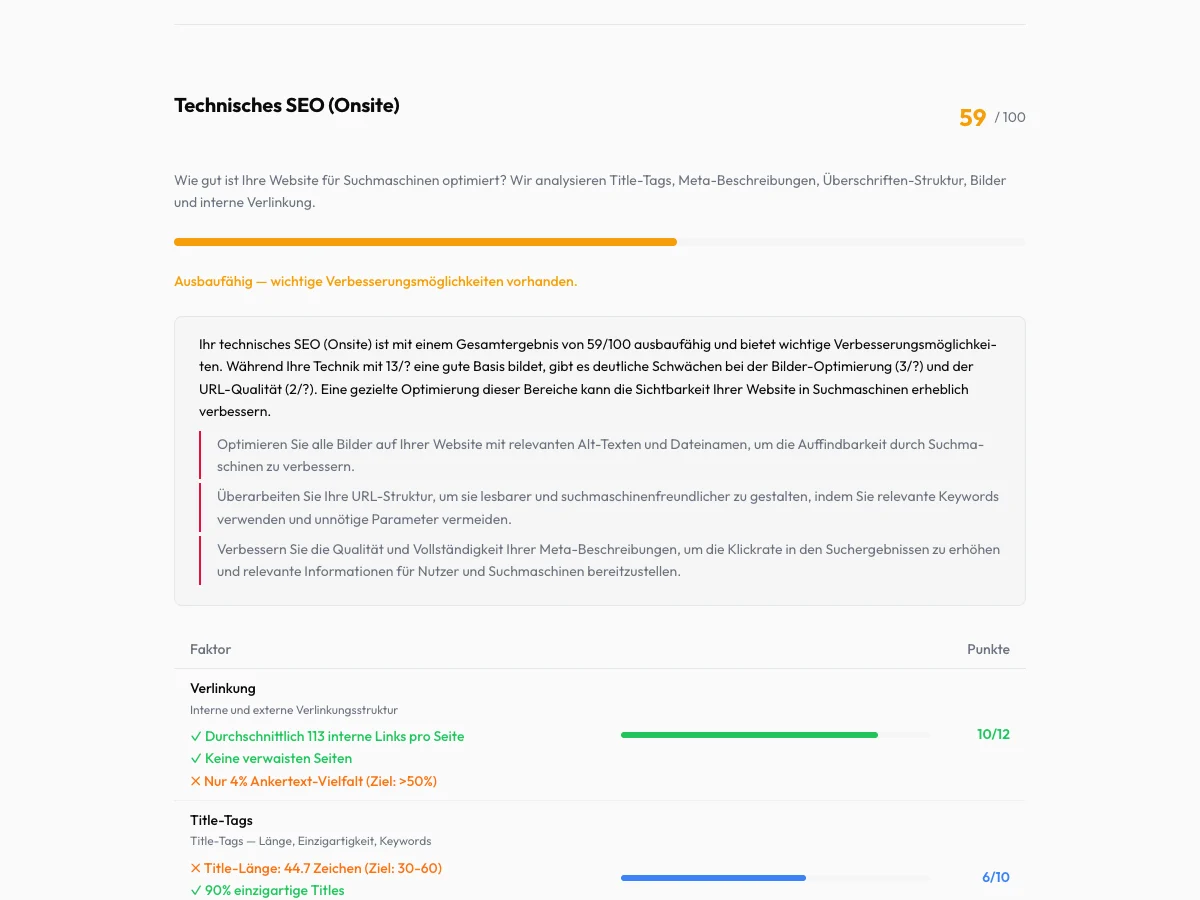Technisches SEO Onsite mit Score und Optimierungsfeldern