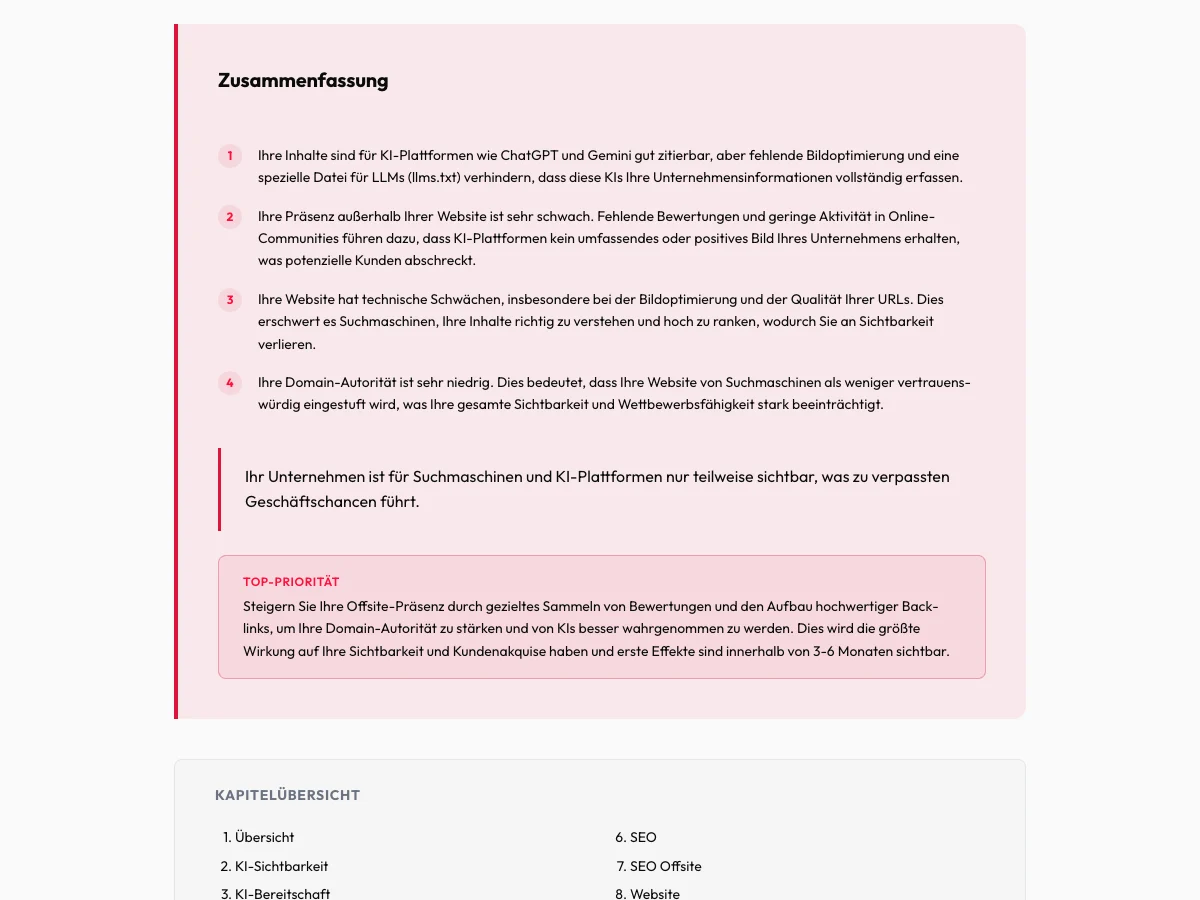 Zusammenfassung aus dem GEO- und SEO-Audit mit anonymisierten Firmendaten